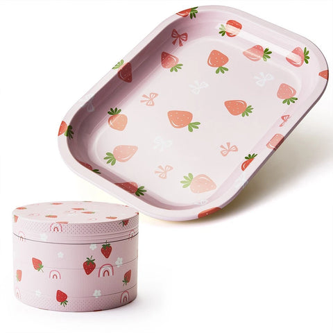🍓🔥 Strawberry Print Rolling Tray Set 🍃 (Tray + Grinder Combo Kit)