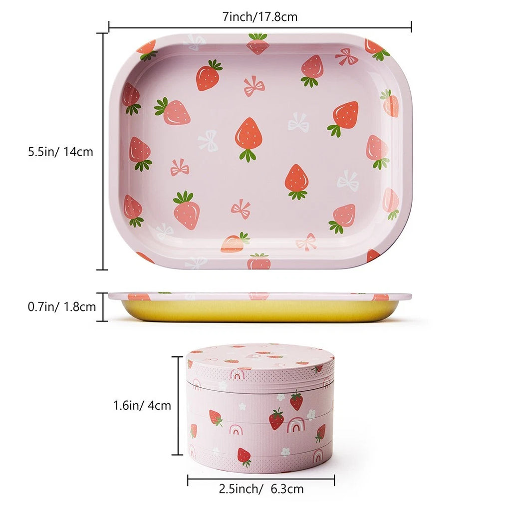 🍓🔥 Strawberry Print Rolling Tray Set 🍃 (Tray + Grinder Combo Kit)